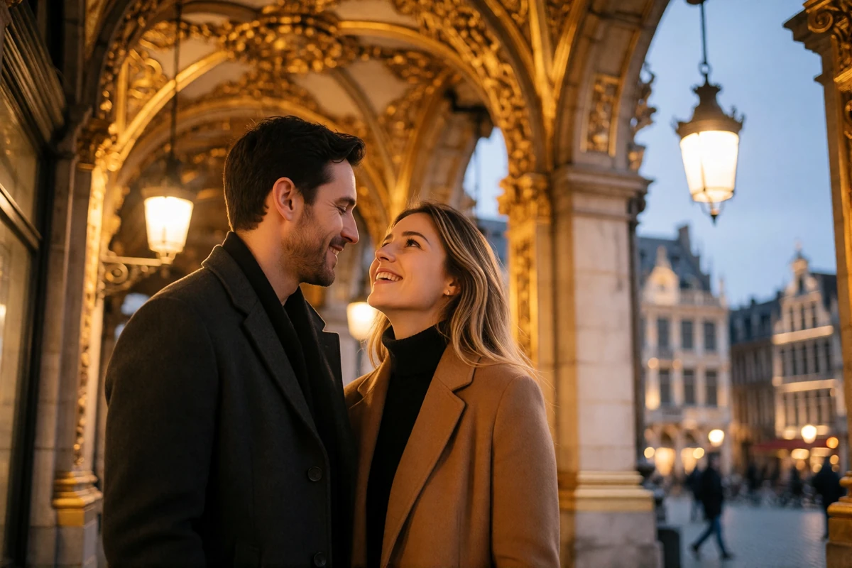 Couple in their thirties sharing a quiet laugh under the arcades of a grand Brussels square at dusk