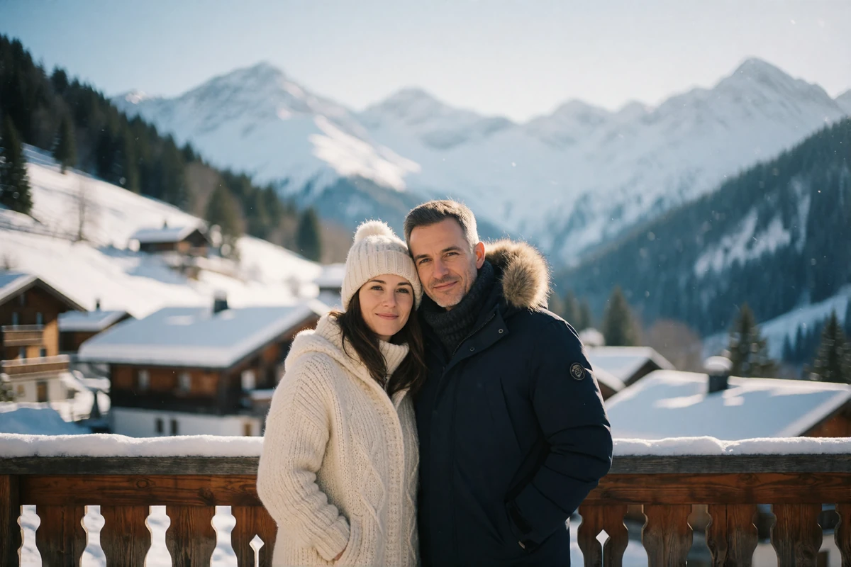 Couple in their forties leaning on a wooden terrace rail in a snow-dusted alpine village with mountain peaks behind