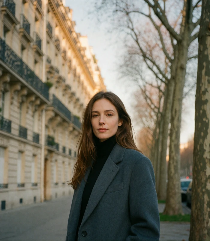 French woman with chestnut hair and a slate-grey coat standing on a tree-lined Paris boulevard
