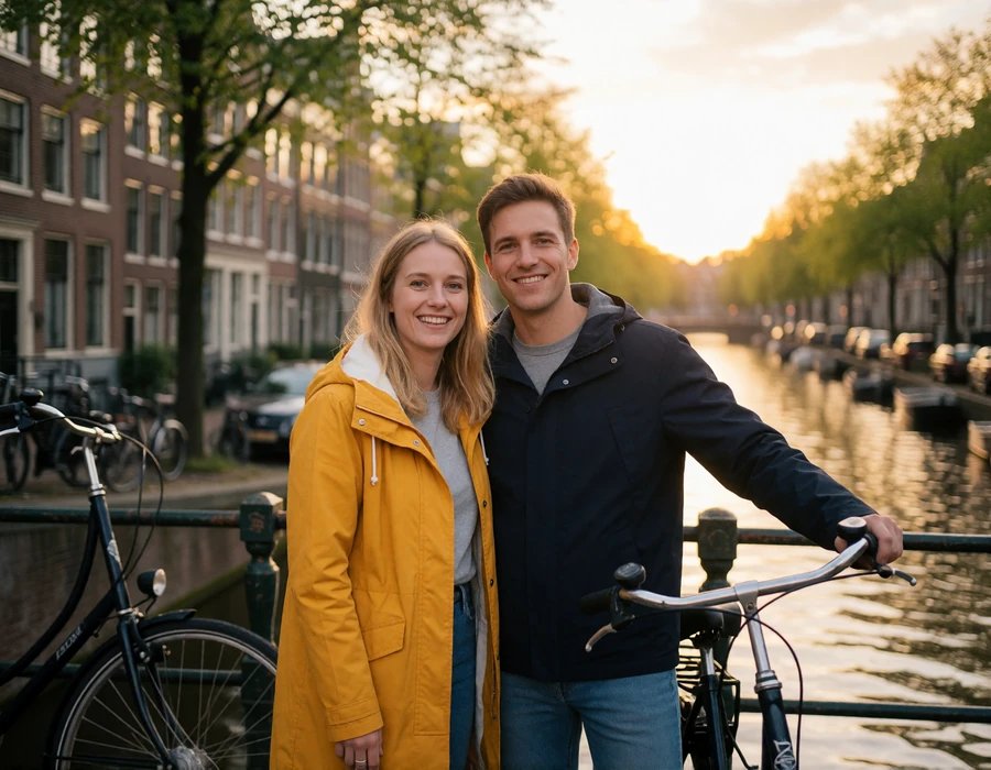 Couple in their thirties standing with bicycles on an Amsterdam canal street, both smiling at the camera