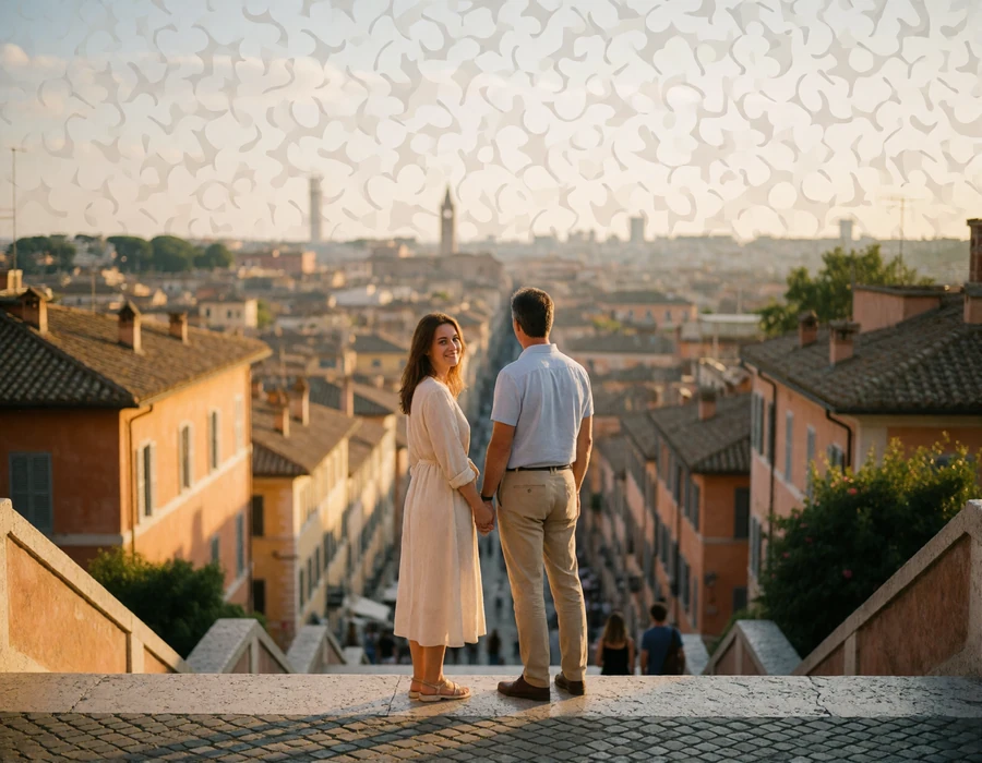 Couple in their forties standing at the top of a wide stone stairway overlooking the historic Rome skyline
