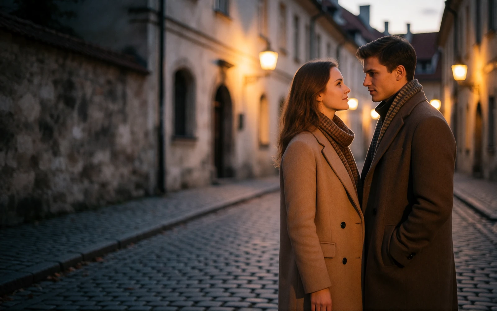 Couple standing close together on a historic European street at golden hour