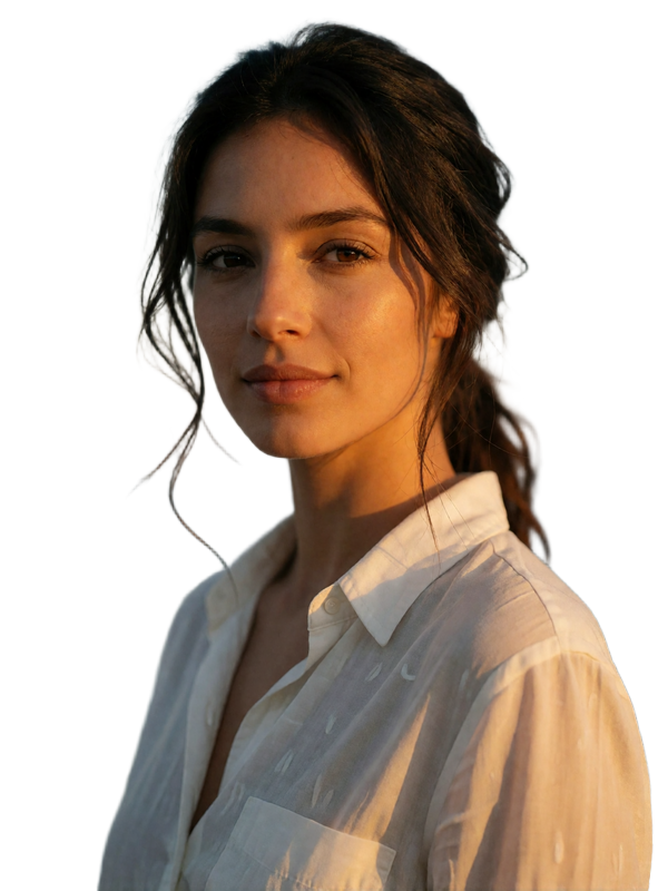 Portuguese woman with dark hair tied loosely back wearing a soft white shirt and smiling gently