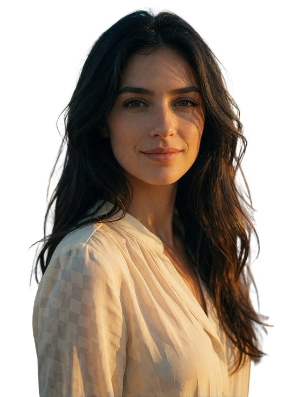 Spanish woman in a cream blouse with long dark hair, cropped at mid-torso with a warm smile
