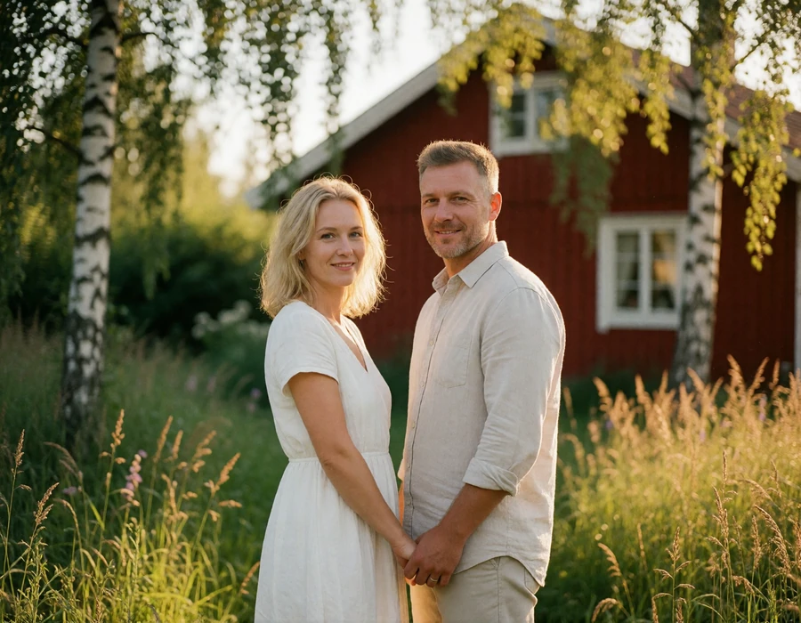 Couple in their forties holding hands in the garden of a red-painted wooden Swedish summer cottage