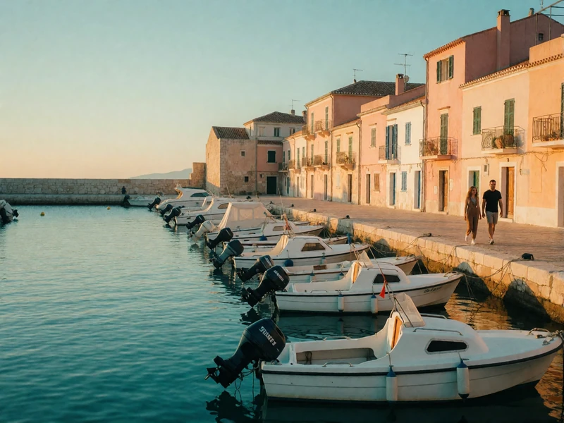 Pastel Mediterranean harbor with moored boats and a couple walking the quayside promenade