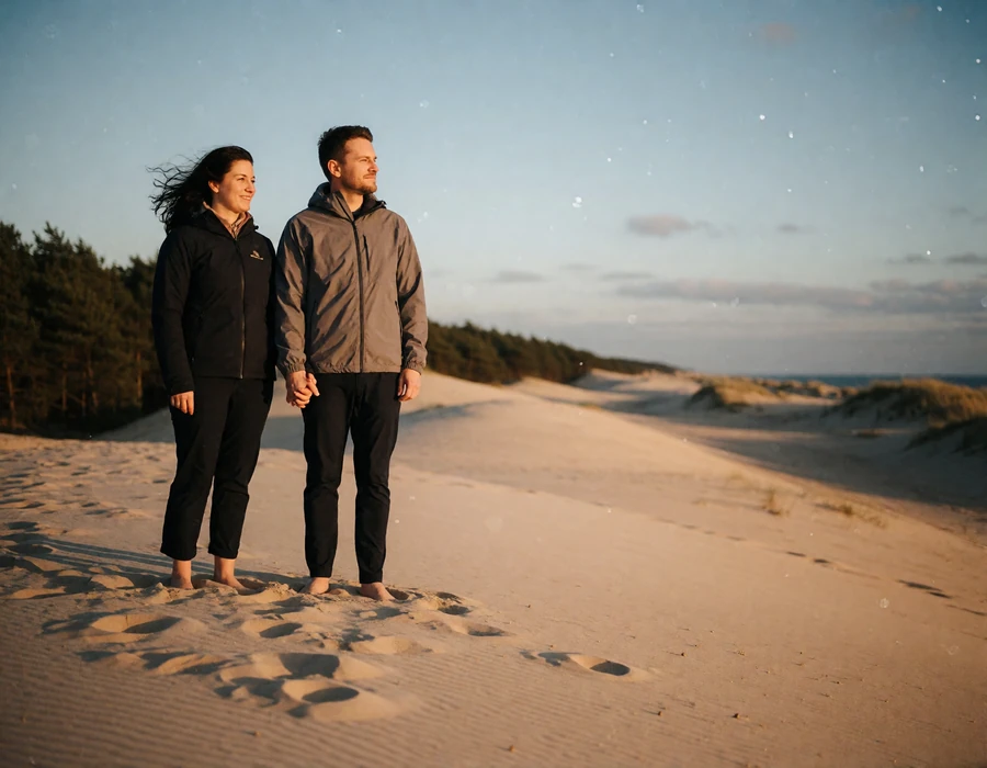 Couple in their late thirties standing together on a wind-shaped sand dune above the Baltic coast with pale dune ridges receding behind them