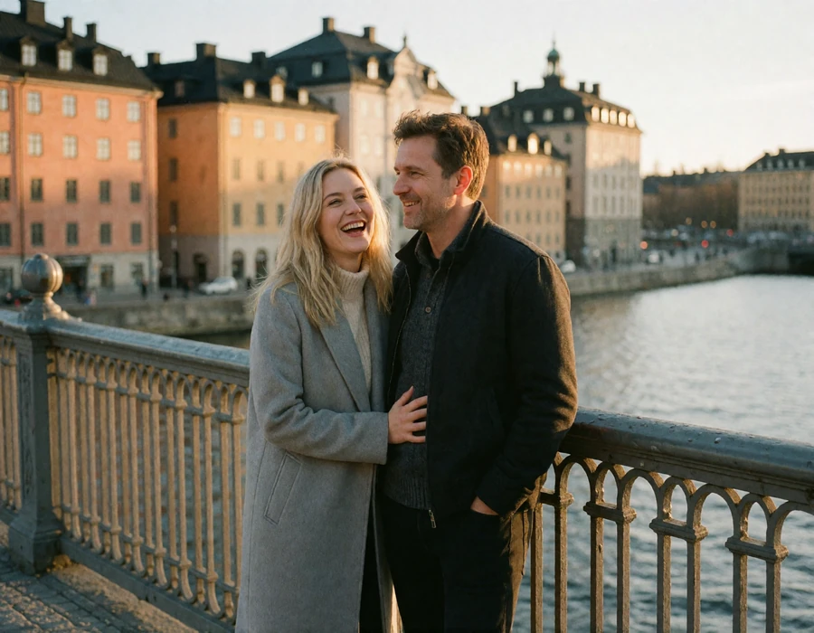 Couple in their late thirties laughing together on a Stockholm bridge with pastel waterfront buildings blurred behind them