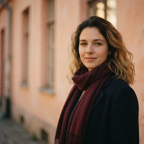 Latvian woman with wavy dark-blonde hair and a burgundy scarf on a softly blurred pastel street in Riga