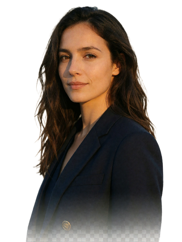 Italian woman with long dark wavy hair and a navy blazer standing three-quarter turned with a warm smile