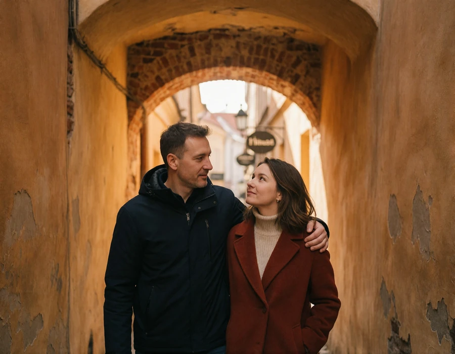 Couple in their forties walking arm in arm down a narrow arched lane in Vilnius old town with warm ochre plaster walls around them