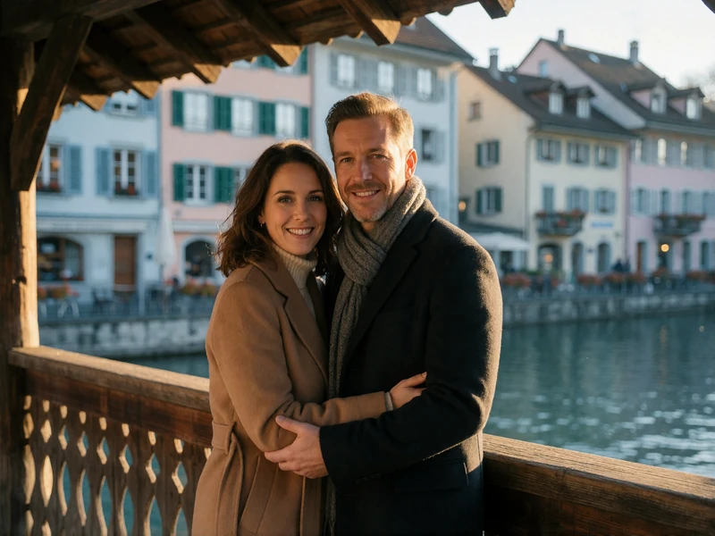 Couple in their late thirties standing close on a covered wooden bridge over a river in a Swiss old town at golden hour