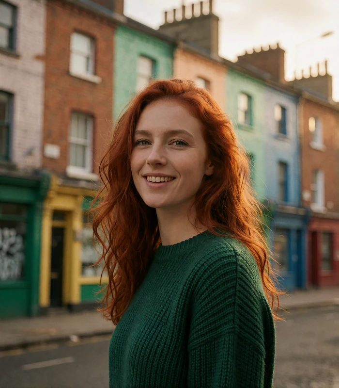 Irish woman with copper-red wavy hair and a green knit sweater smiling on a colourful Dublin street