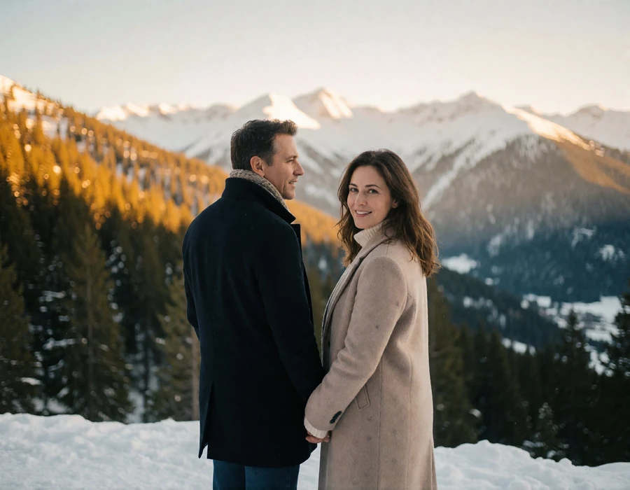 Couple in warm winter coats standing at a snowy overlook in the Andorran Pyrenees with pine forest behind them