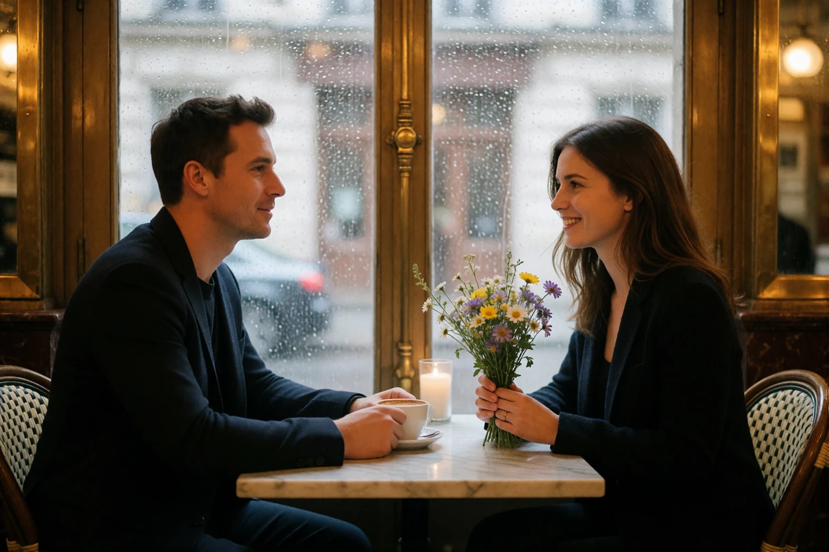 Couple at a marble cafe table in Riga, the woman holding a small odd-numbered bouquet of wildflowers while smiling at her companion