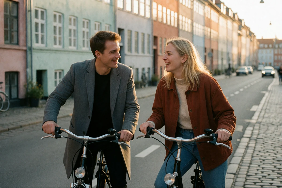 Couple in their thirties laughing beside their bicycles on a cobbled Copenhagen side street during a relaxed first date