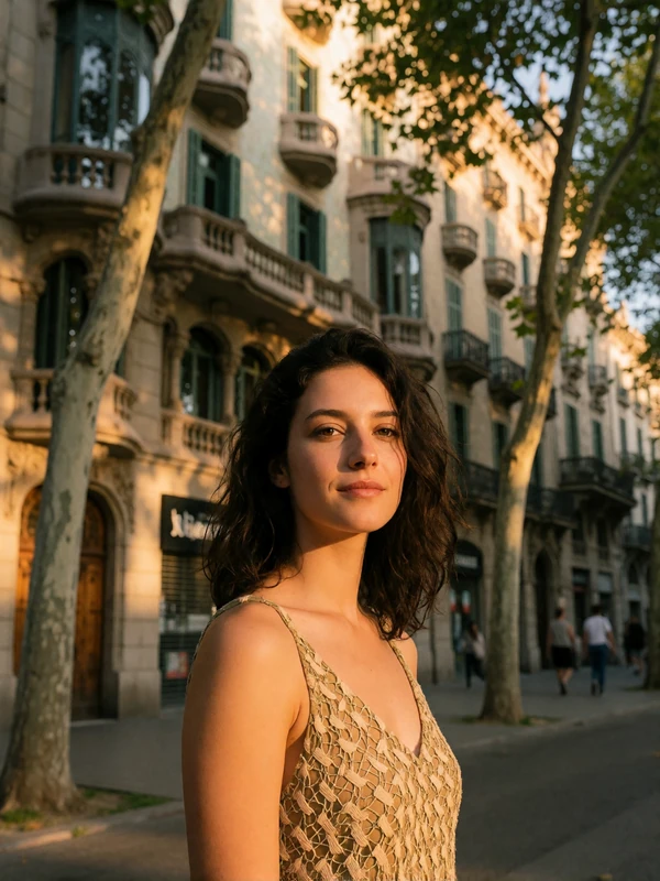 Spanish woman with dark wavy hair on a sunlit Barcelona street with modernist facades blurred behind her