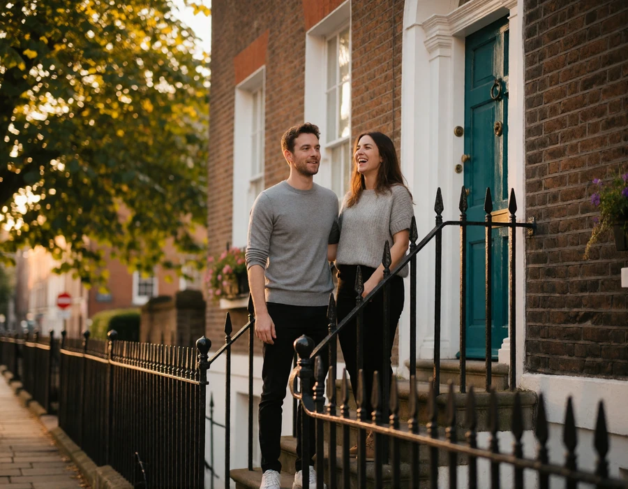 Couple in their late thirties laughing together on the steps of a brightly painted Georgian townhouse doorway in Dublin