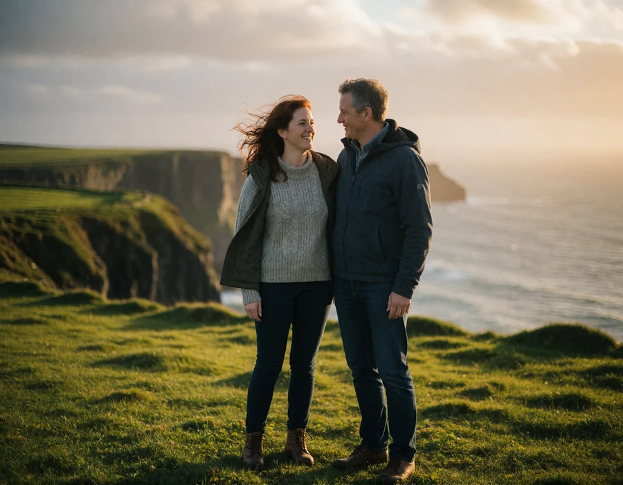 Couple in their forties standing together on a grassy clifftop above the Atlantic on the Irish west coast in warm late-afternoon light
