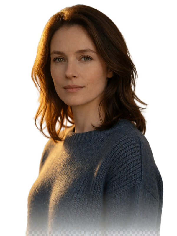 Woman with chestnut hair and a soft grey knit sweater standing three-quarter turned with a calm friendly expression
