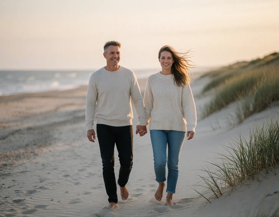 Couple in their forties walking barefoot along a North Sea beach near dunes, smiling and holding hands