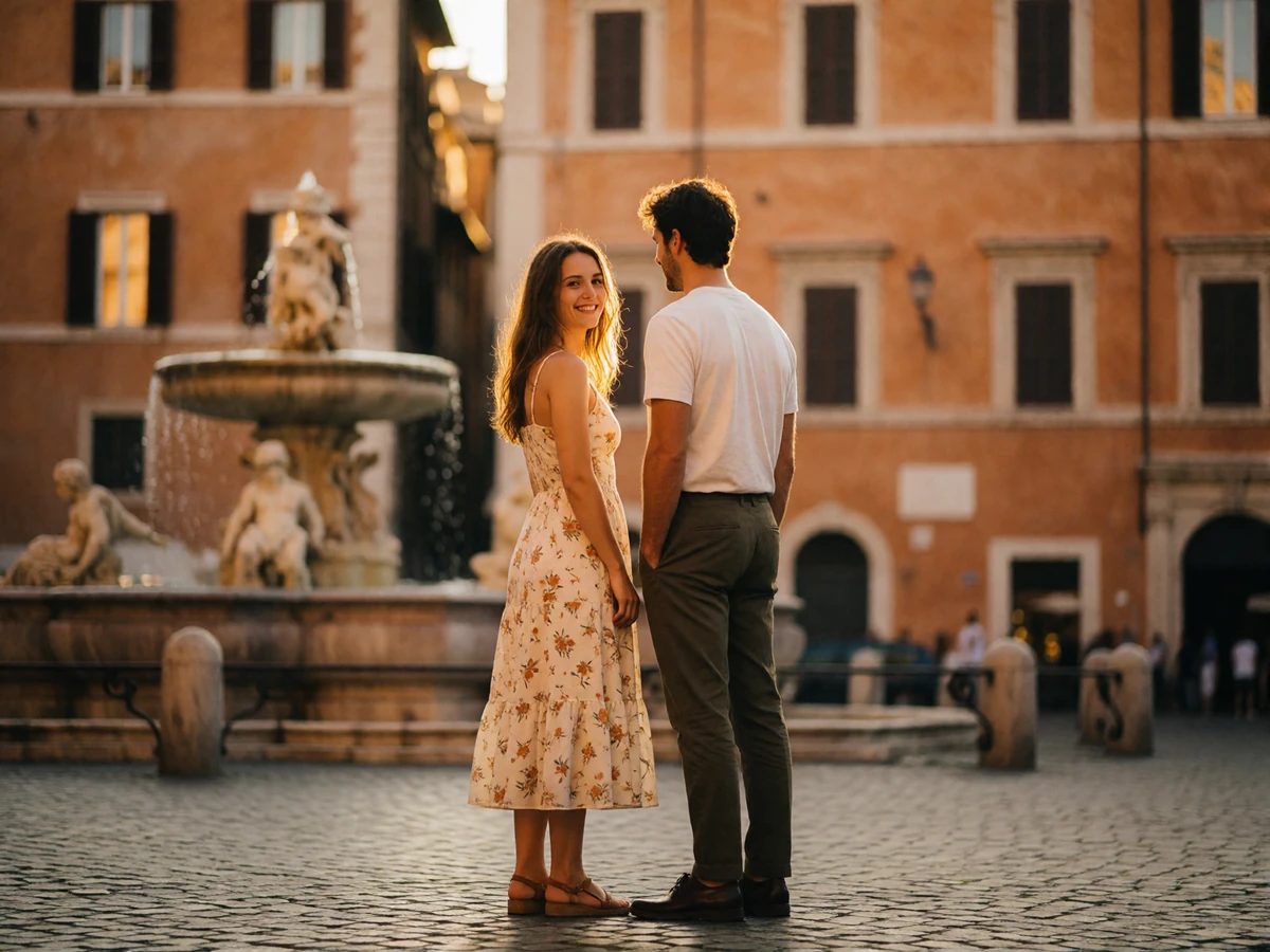 Couple in their thirties standing together in a historic Roman piazza at early evening with a baroque fountain blurred behind them