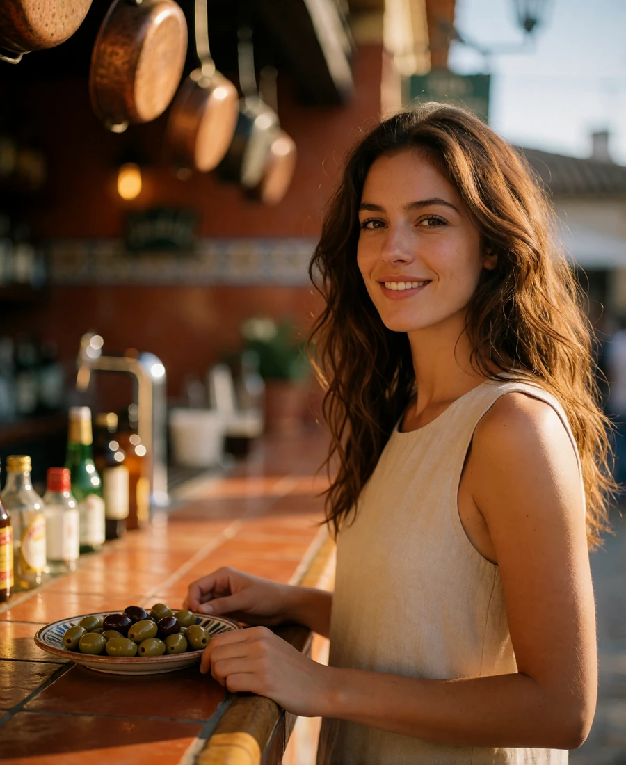 Smiling woman with wavy chestnut hair standing at a lively Spanish tapas bar counter with olives on a small plate