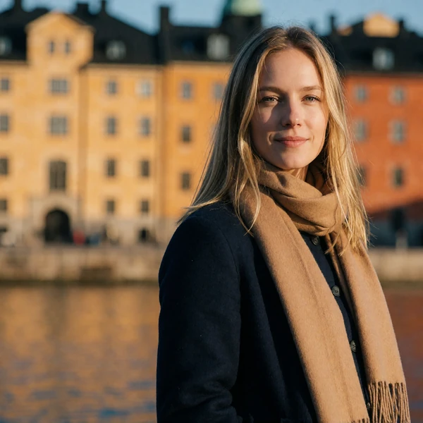 Swedish woman with straight golden-blonde hair and a camel scarf standing before a defocused Stockholm waterfront