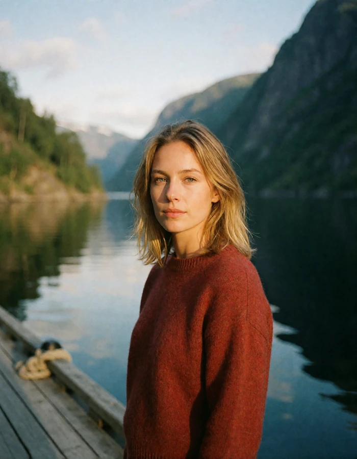 Norwegian woman with shoulder-length blonde hair in a rust-red sweater standing on a wooden dock beside a fjord