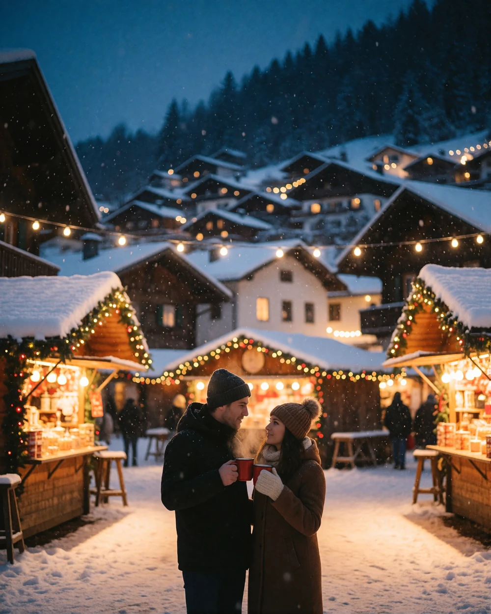 Couple holding warm drinks at a snowy Austrian Christmas market beneath string lights