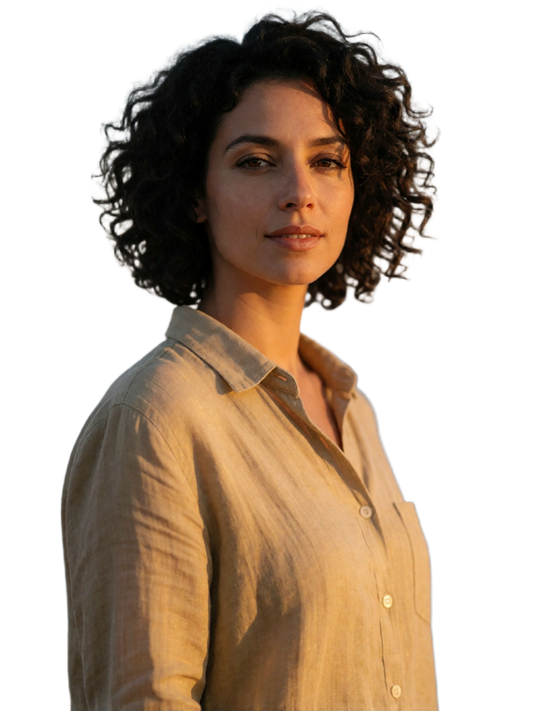 Maltese woman with dark curly hair in a sand-coloured linen shirt looking calmly toward the camera