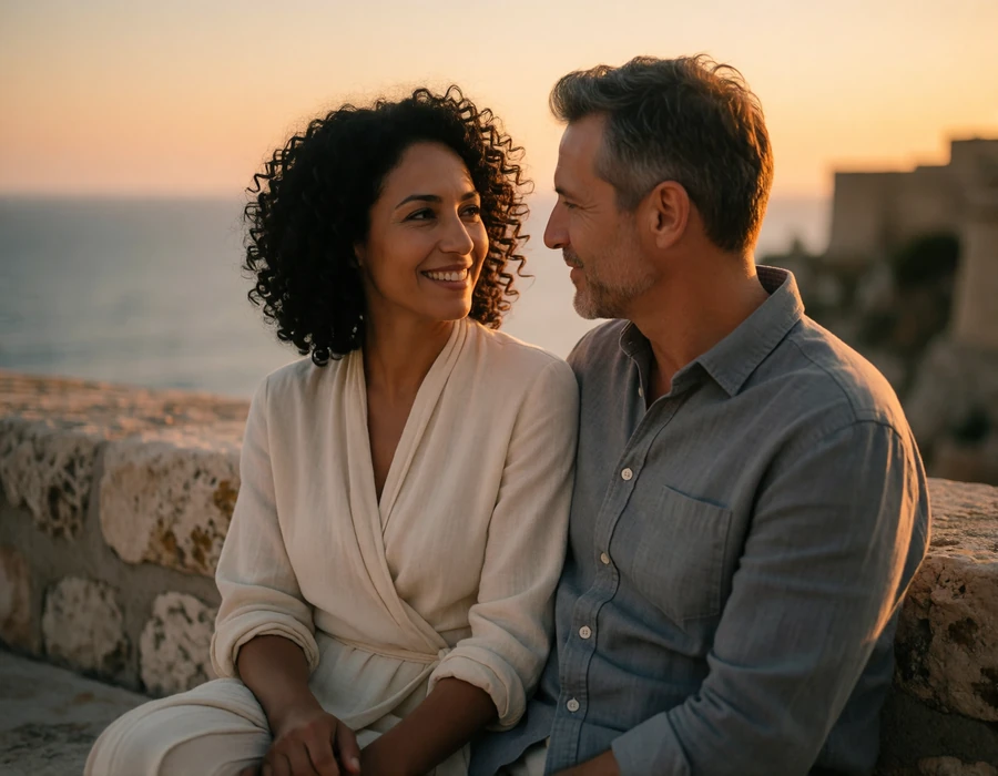 Couple in their forties sitting close together on a limestone terrace overlooking the sea at sunset in Malta