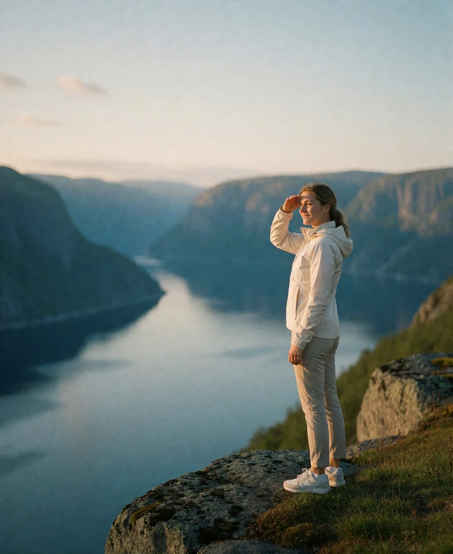 Woman standing on a grassy ledge overlooking a Norwegian fjord in the bright evening light
