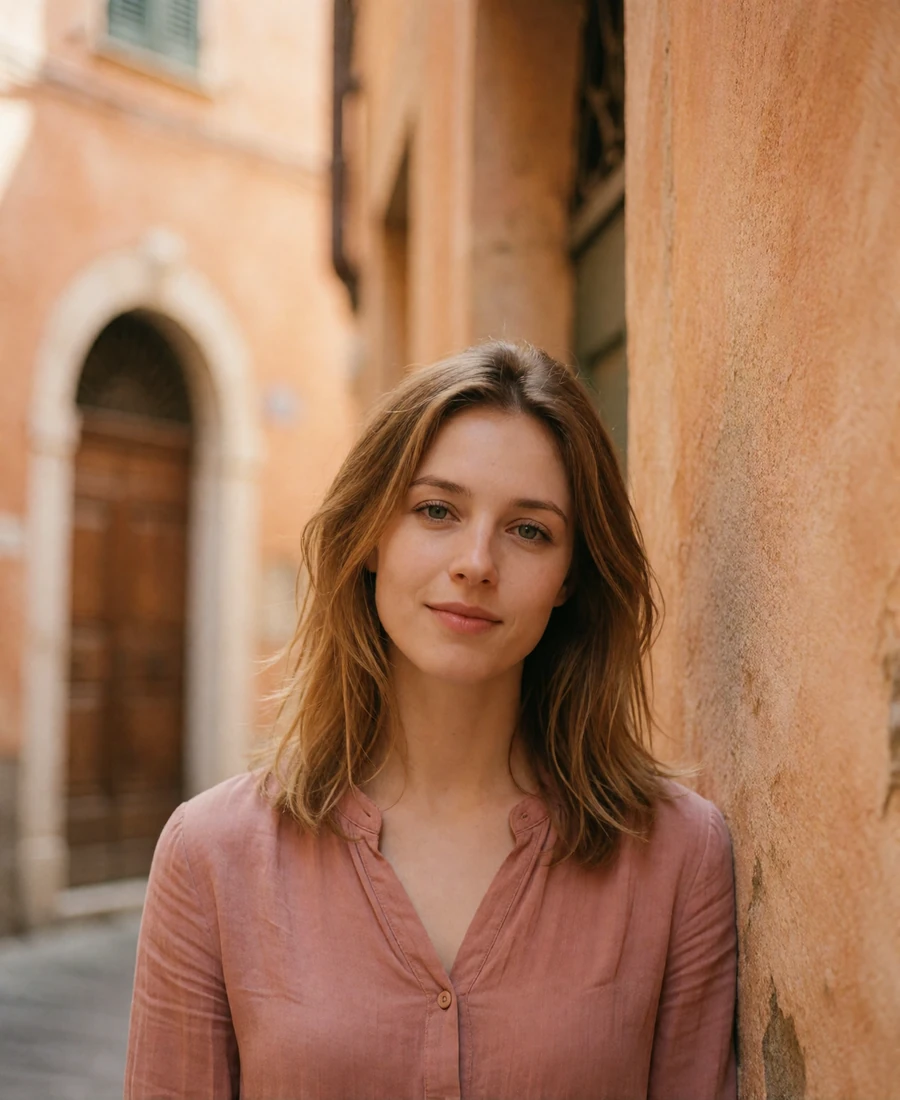 Verified Italian member in a dusty rose blouse beside a warm ochre wall on a narrow Florentine street