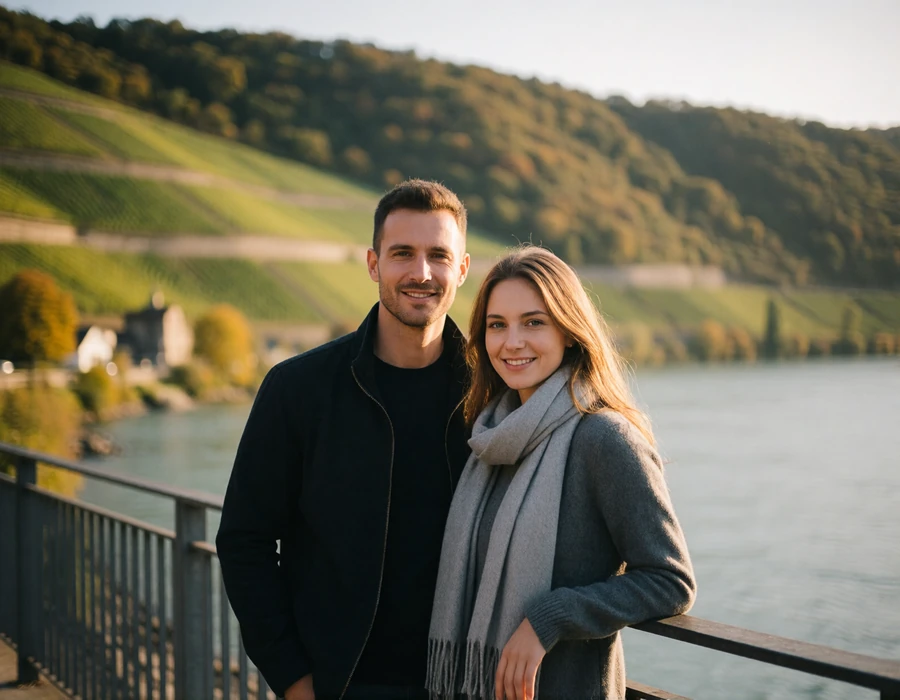 Relaxed couple in their thirties leaning against a railing above the Rhine river with terraced vineyards blurred behind them