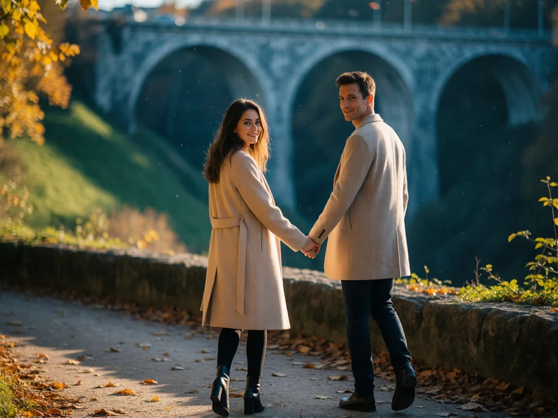 Couple in their thirties walking hand in hand along a stone path above the Luxembourg City valley in golden-hour light