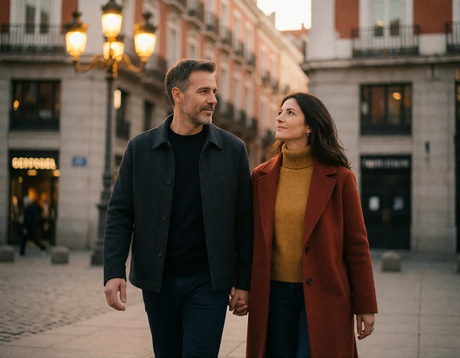Couple in their forties walking slowly across a Madrid plaza at dusk with grand stone facades and warm lamplight behind them