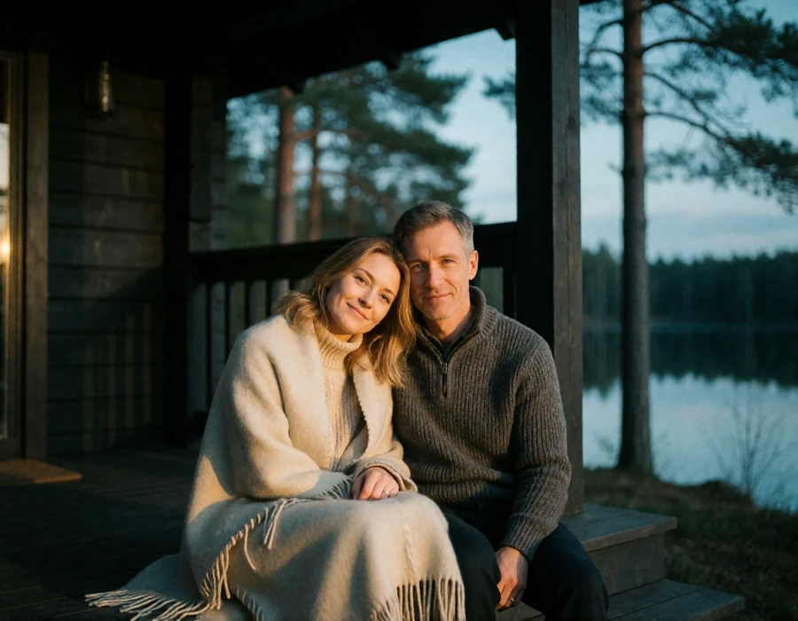 Couple in their forties sitting close on a wooden cabin porch step wrapped in a wool blanket with pine forest and a still lake behind them