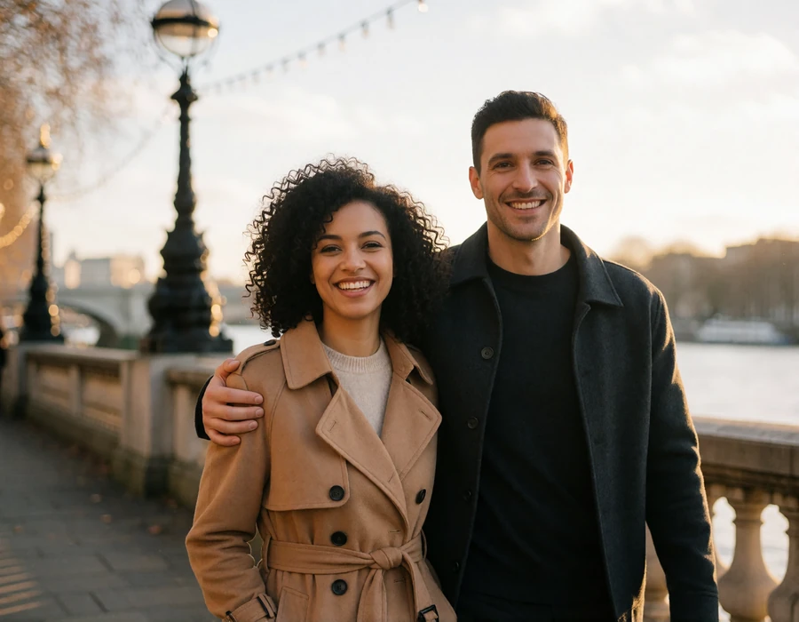 Couple in their thirties walking arm in arm along a London riverside promenade in warm late-afternoon light