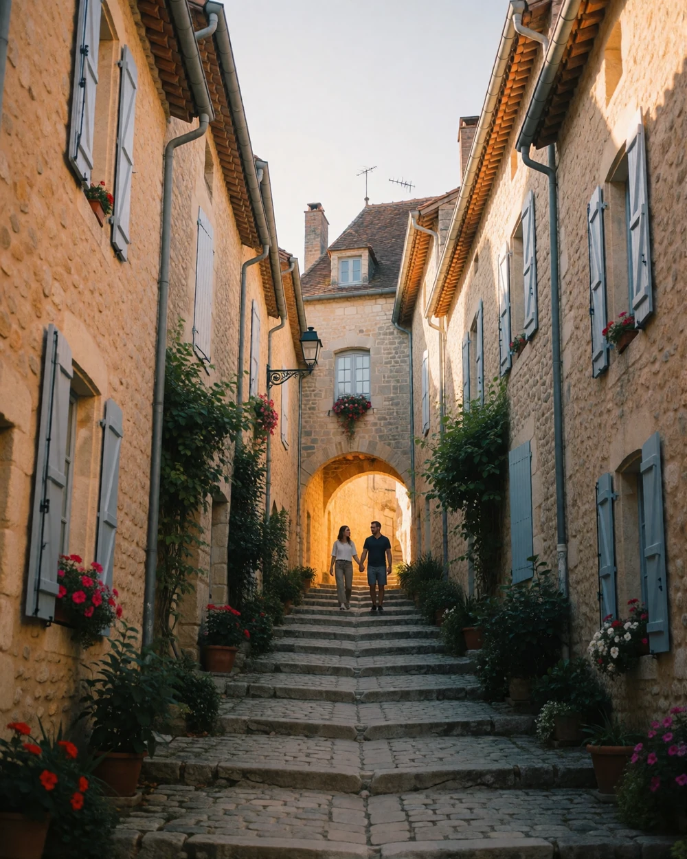 Couple walking hand in hand up worn stone steps in a medieval French village lane