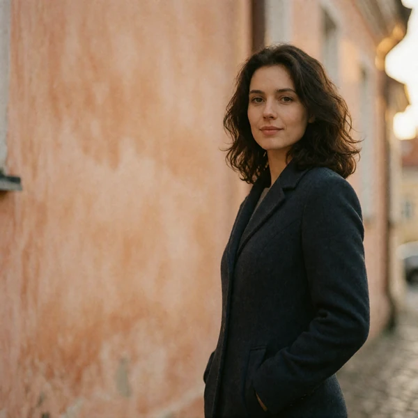 Lithuanian woman with dark wavy hair in a charcoal coat standing before a defocused baroque Vilnius street