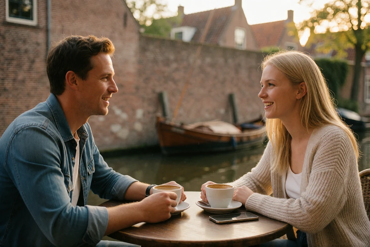 Couple in their thirties talking and smiling over coffee at a canal-side café table in the Netherlands