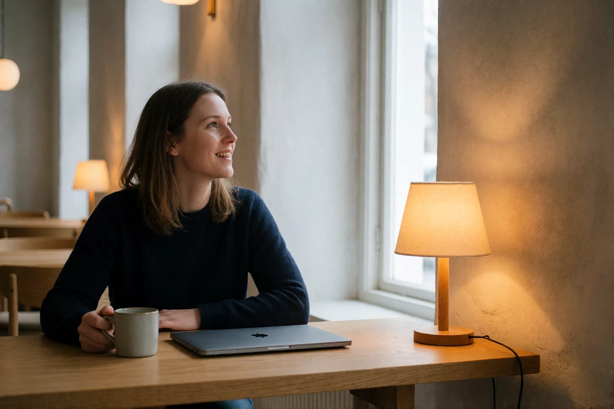 Estonian woman sitting alone at a light oak table in a bright minimalist Nordic cafe, smiling thoughtfully with a closed laptop beside her