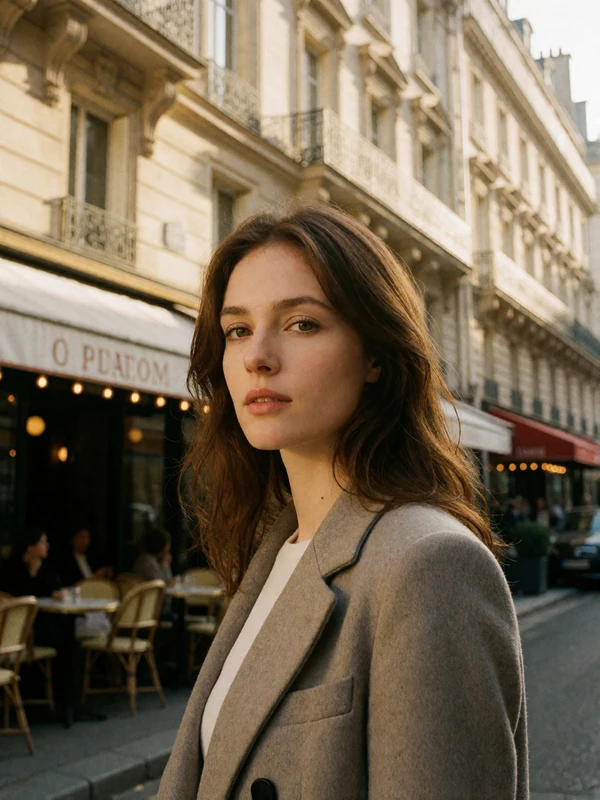 French woman in a tailored coat on a Parisian street with Haussmann facades softly blurred behind her