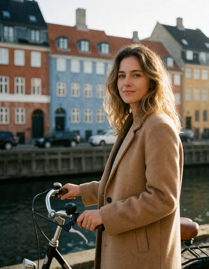 Danish woman with wavy dark-blonde hair and a camel coat standing beside a bicycle on a Copenhagen street