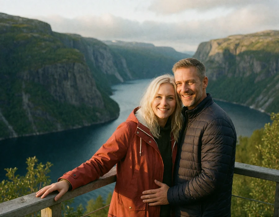 Couple in their late thirties standing together on a wooden fjord viewpoint with steep green walls and deep blue water behind them