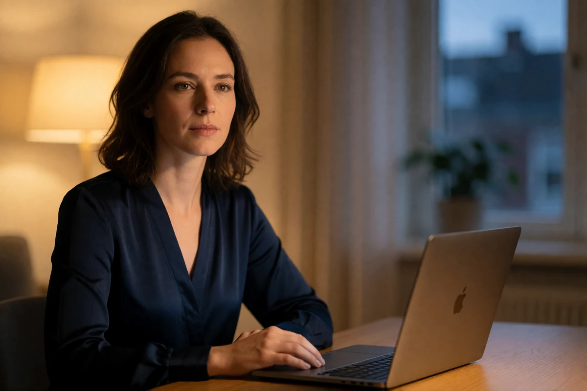 European woman in a navy blouse sitting calmly at a desk beside a closed laptop in warm evening light