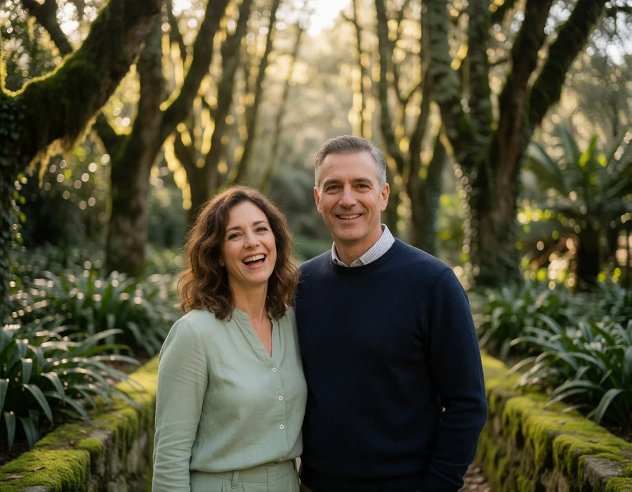 Smiling couple in their forties standing beneath tall trees in a lush Sintra garden