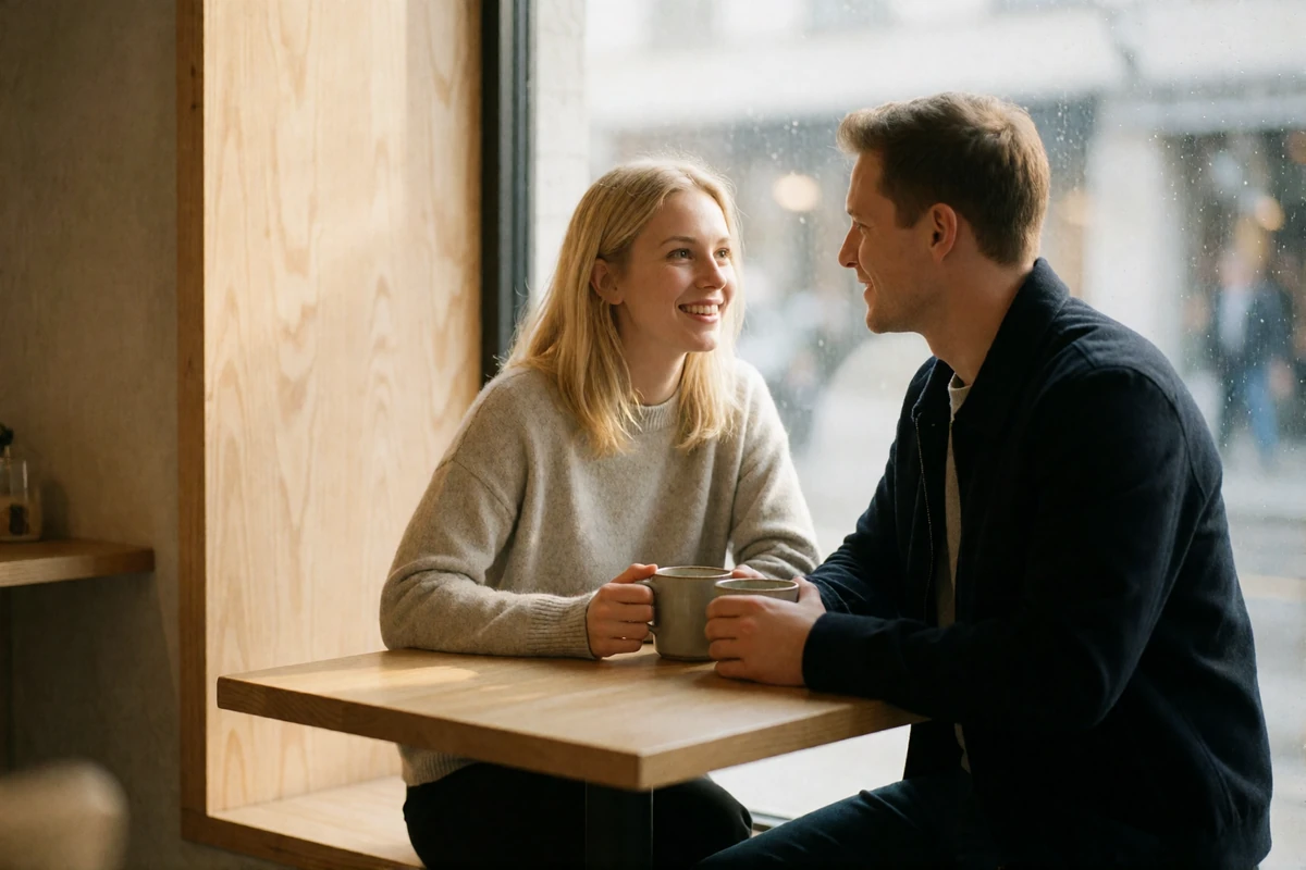 Couple in their thirties sharing coffee at a wooden table beside a bright window in a Nordic café
