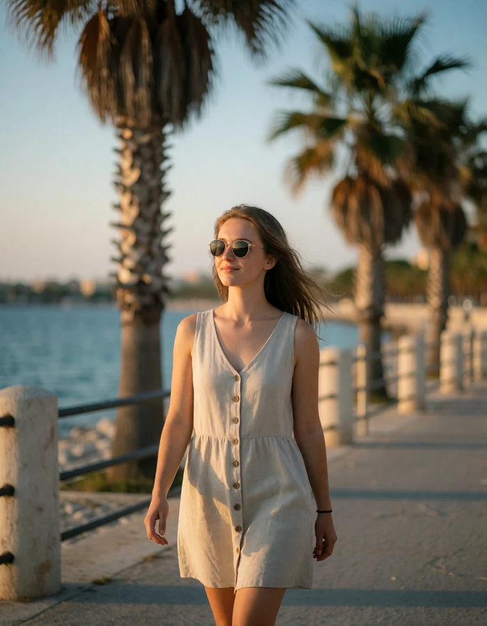Woman in a linen summer dress walking along a palm-lined French Riviera promenade